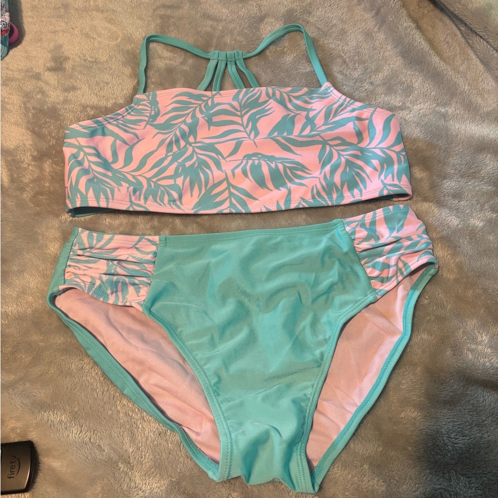 Art Class Pink and Green Bikini with Tropical Leaf Print